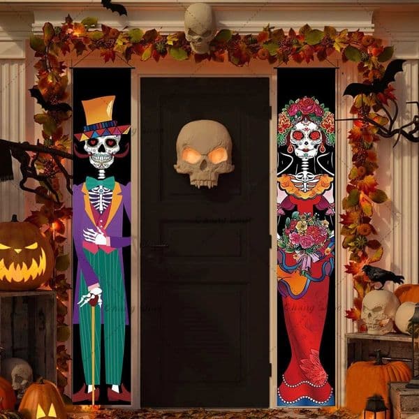 1 Pair Day Of The Dead Decoration Halloween Banner Welcome Hanging Door Banner Porch Sign DIY Mexican Party Decoration SkullXJ240819
