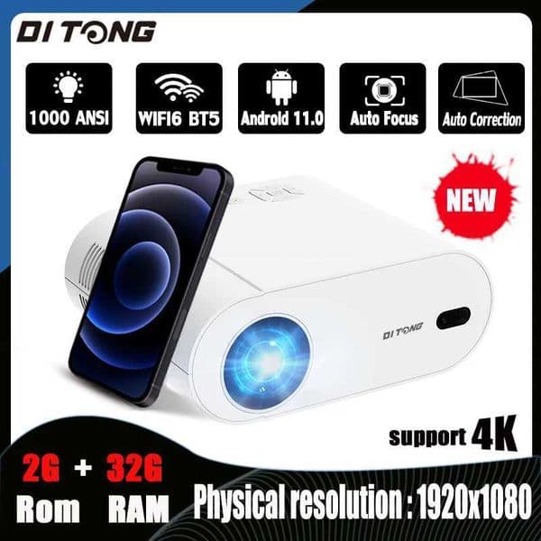DITONG Projector 4K Android with Dual WiFi 6 and Bluetooth Auto Keystone Auto Focus Home Theatre HD Native 1080P Outdoor Movie CL240820