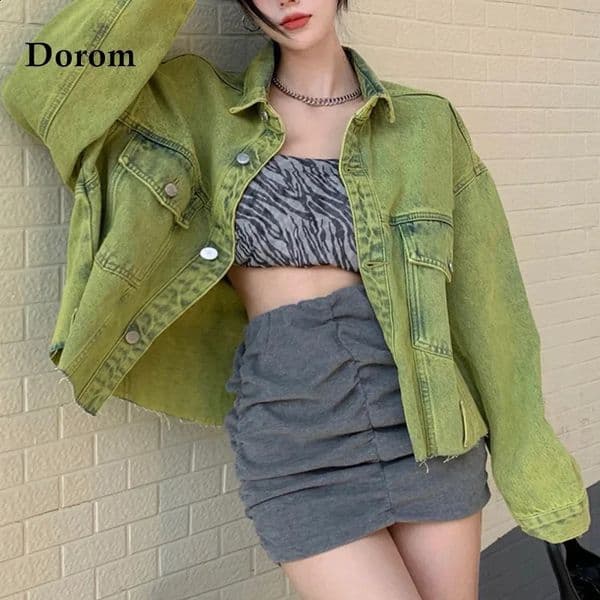 Fashionable green denim jacket Harajuku long sleeved retro casual womens top Spring and Autumn Street loose hiphop jeans 240814