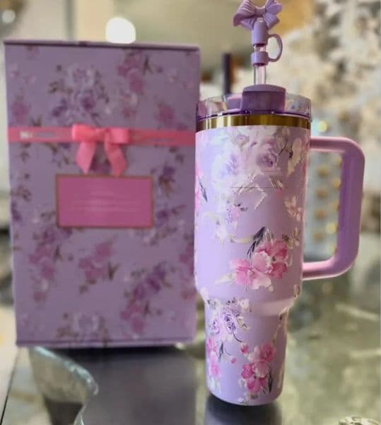 2026 Ship From USA 40Oz Blue Magnolia Pink Rose Lilac Floral Cups With Bow Topper 40 OZ Stainless Steel Tumblers Travel Car Mugs Large Sports Water Bottles 0325