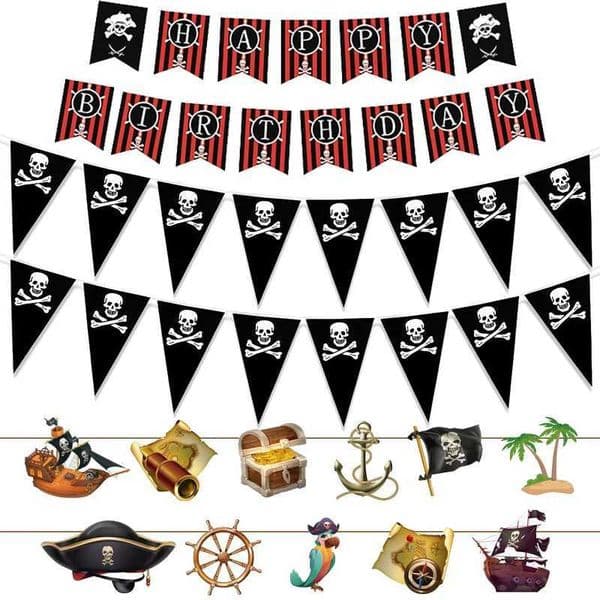 Pirate Party Banner Pirate Ship Skull Pattern Bunting Garland Kids Halloween Pirate Theme Happy Birthday Party Decor SuppliesXJ240819