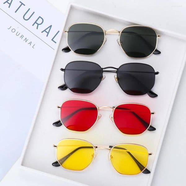 Sunglasses UV400 Eyewear Glasses Metal Frame For Men And Women Polygon Mirrored Lens Sun Small Square