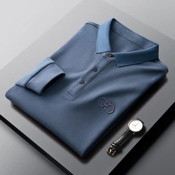Premium 100% cotton long-sleeved T-shirt Mens lapel top spring fashion embroidery Korean casual polo shirt Mens wear 240820