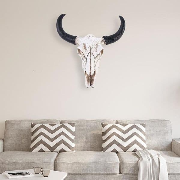 Resin 3D Animal Wild Horn Sculpture Long Bull Head Bone Wall Decoration 240819