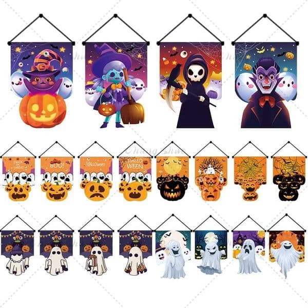 4Pcs Halloween Party Decorations Hanging Flag Cartoon Ghost Pumpkin Vampire House Flag Baby Kids Room Wall Art Decor BannerXJ240819