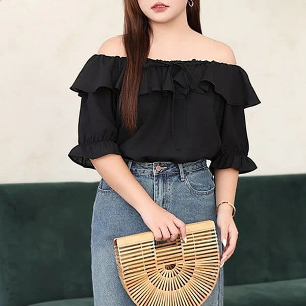 French Commute Off Shoulder Ruffled Blouses Plus Size Summer 2024 Good Quality Black Sweet Lyocell Chiffon Tops For Women 240820