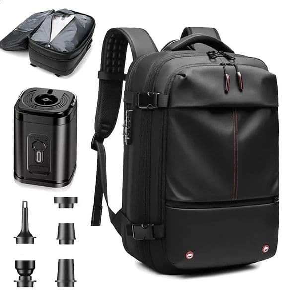 Mens travel vacuum compression backpack with electric pump 17 inch laptop bag waterproof storage expandable fashionable casual 240820