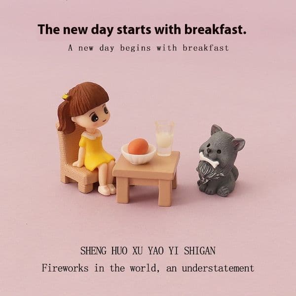 Cartoon Mini Cute Girl Eating Breakfast, Babyhouse Micro Landscape Scene Simulation Table and Chair, Dog Home Desktop Decoration
