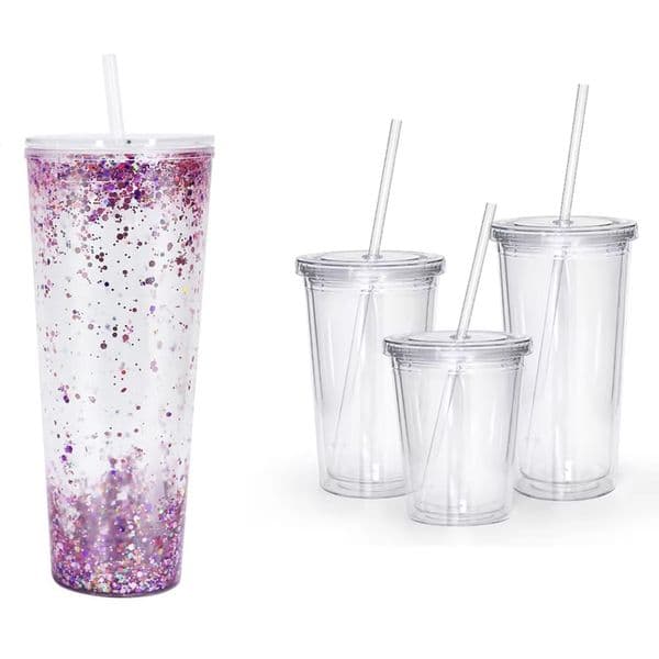 Pre-drilled 12oz 16oz 24oz Acrylic Tumblers with lid and Straws Snow Globe Tumbler Double Wall Clear Plastic Tumblers with hole and plug for DIY