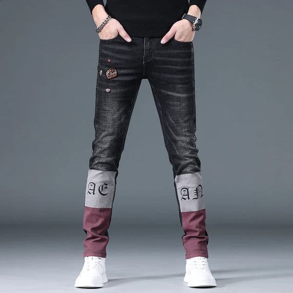 Four Seasons AutumnWinter Fashion Jeans Mens Embroidered Tight Personalized Trendy Thin Appearance Black Pants 240820