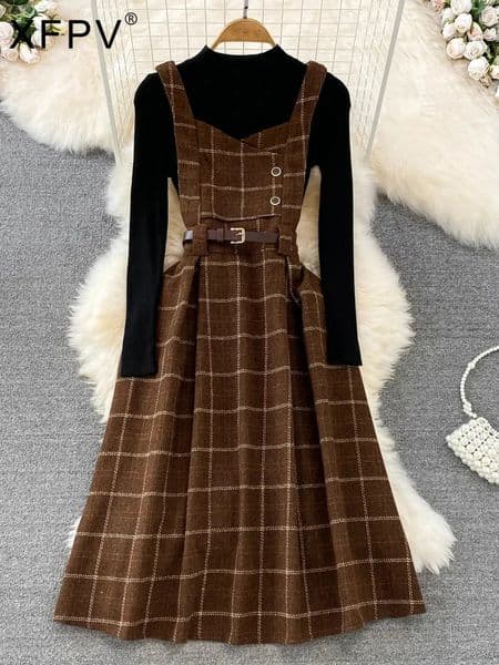 XFPV Autumn Women Sweater Overalls Dress Sets Casual Knitted Tops Plaid Woolen Dress 2 Piece Sets Outfits Female SM11461 240820