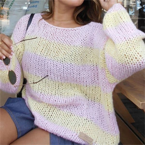 Y2k crochet knitted striped jumper womens white and blue sweater loose Oneck long sleeved zipper top autumnwinter streetwear 240821