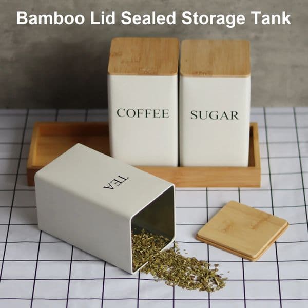 Kitchen Organizer with Bamboo LidMetal Tea Coffee Sugar Storage JarsCountertop Food Container BoxAirtight Organization 240820