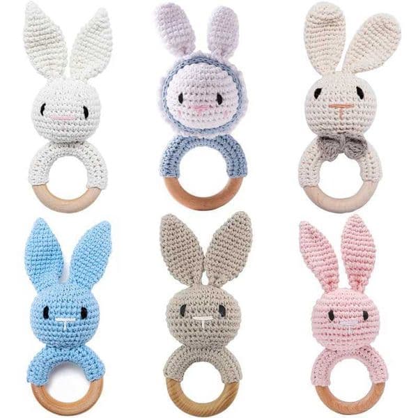 1PC Crochet Toy Animal Bunny Rattle Wooden Teether Ring Soother Bracelet Baby Product Mobile Pram Crib Wooden Toys Newborn GiftsXJ240817