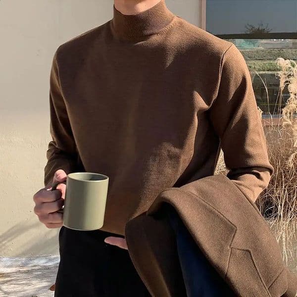Half neck sweater mens long sleeved Korean solid color knitted underwear casual style 240821