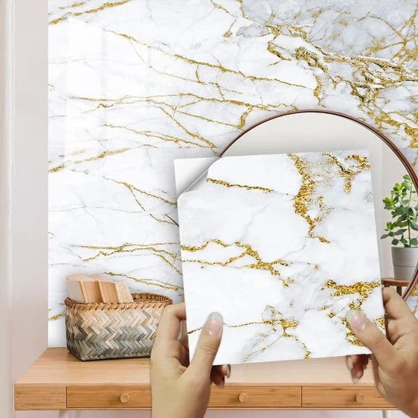 10pcs White gold marble tile Veneer Home renovation Renovation Kitchen backsplash bathroom bar decorative wall veneer 10-30cm 240821