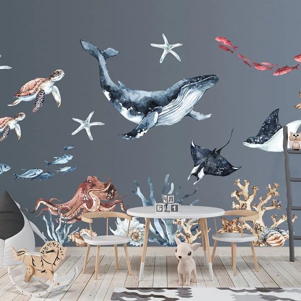 Large Watercolor Ocean Animal Wall Sticker Kids Room Nursery Turtle Octopus Whale Fish Wall Decal Bedroom Playroom Vinlyl Decor 240821