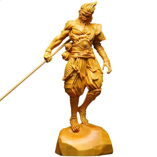 Hand carved wood grain black mythological Sun Wukong character elegant home decor and gift sculptures 240822