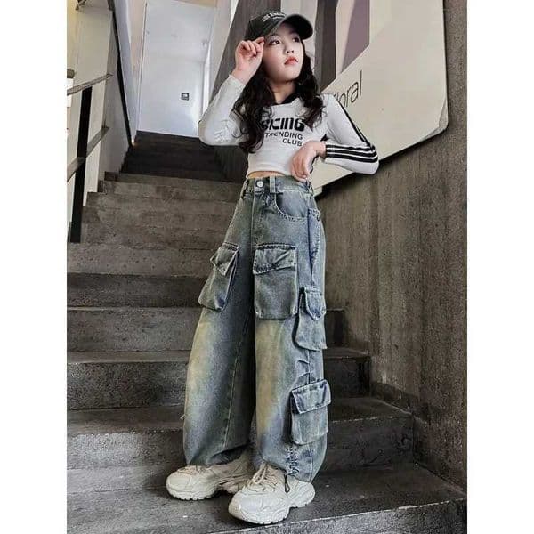 2024 Spring Street Dance Style Wide Leg Jeans Cool Street Style New Arrival Childrens Jeans with Large Pocket W240803