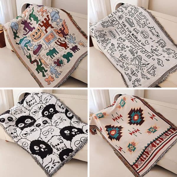 Throw Blanket Cartoon Sofa Cover Double Use Beds Blanekets Picnic Mat With Tassel Sofa Bed Universal Decorative 240822