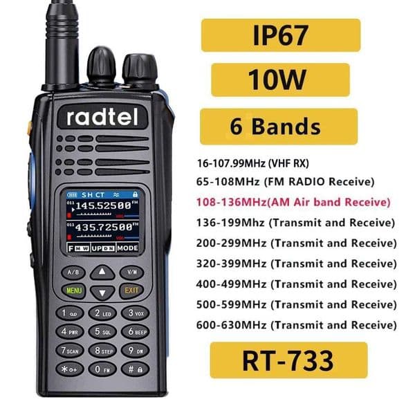 Radtel RT-733 10w Air Band Ham Radio Full Band Amateur Ham Walkie Talkie 199CH HT USB-C Battery NOAA FM AM UHF VHF Satcom M240821
