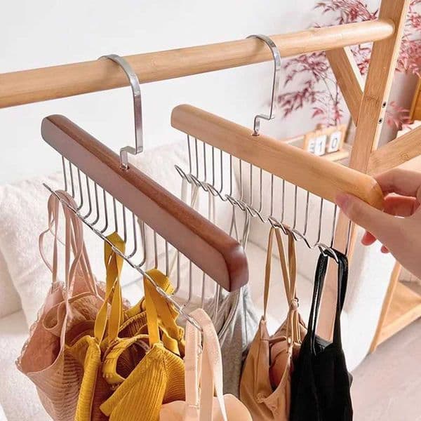 1pc Space-saving Wardrobe Necktie Bra Hangers Home Storage Wooden Suspender Tops Organizers Multi-hook Anti-slip Airing HangersXJ240216
