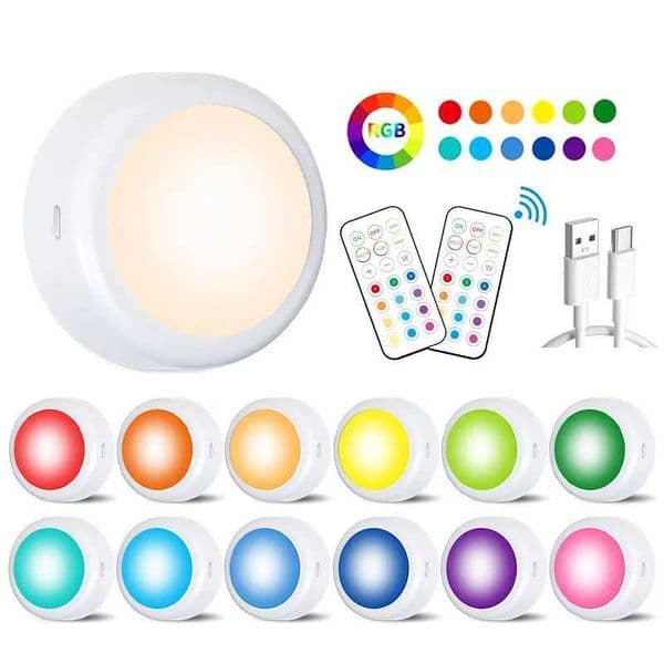 USB Rechargeable LED Puck Light Wireless RGBW Colors Night Light With Remote Control For Bed Room Closet Kitchen X250402