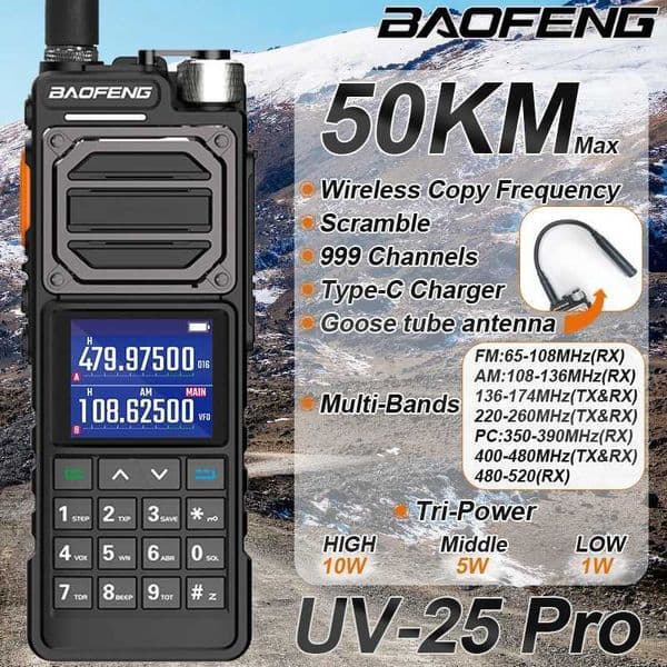 BAOFENG UV-25L Ham Radio High Powerful Tactical Walkie Talkie 50KM Four-Band Type-C 999Channel Two Way Radio BAOFENG NEW Upgrade M240821