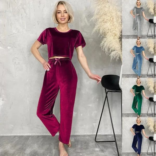 2026 New Women Autumn Winter Velvet Pajama Set Short Sleeve Top Elastic Waist Pants Home Casual Red Green Elegant Warm Suit 240821 Free