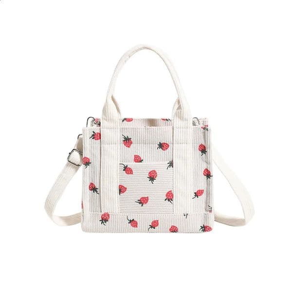 Fashion Strawberry Pattern Small Tote Bag Cute Sweet Corduroy Women Handbags Casual Printing Shoulder Crossbody Bags 2024 240821