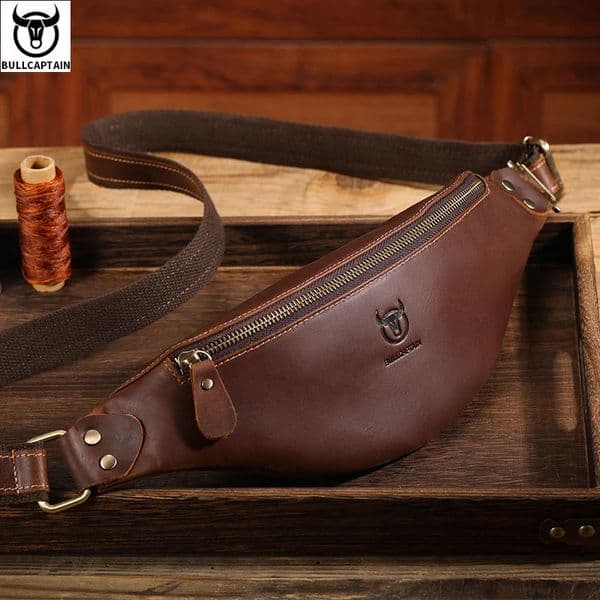 BULLCAPTAIN Mens Crazy Horse Leather Belt Bag Classic Retro Crossbody Outdoor Storage Mountaineering Mobile Phone 260323