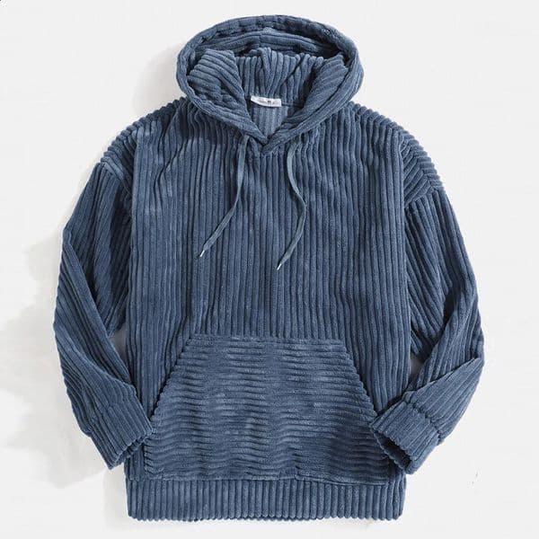 Men's hoodie thick corduroy long sleeve solid color kangaroo pocket shoulder hoodie 240626