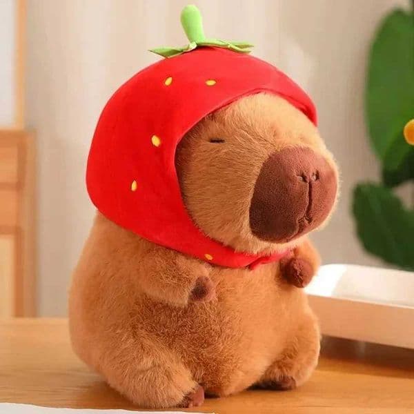 Strawberry hat Capybara plush toy simulation backpack Capibara stuffed animal small size pendant sleep comfort doll W240821