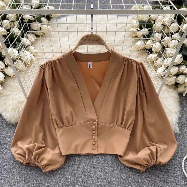 French Chic Elegant Shirts for Women Vneck Long Puff Sleeve Folds Blouse Summer Versatile Bare Midriff Ladies Tops Dropship 240821