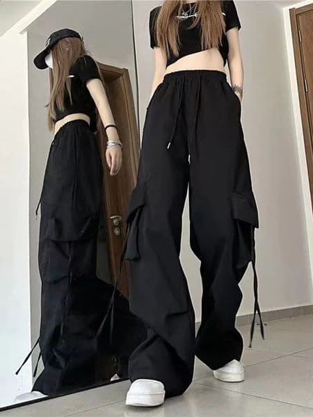 Womens Y2K Korean cargo pants hiphop loose shoulder strap wide leg fashionable high waist bag street style multi pocket sports 240821
