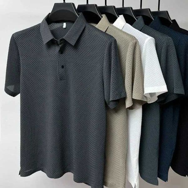 Cold storage summer T-shirt mesh ice silk short sleeved mens T-shirt collar solid color polo shirt half sleeved mens clothingW240716