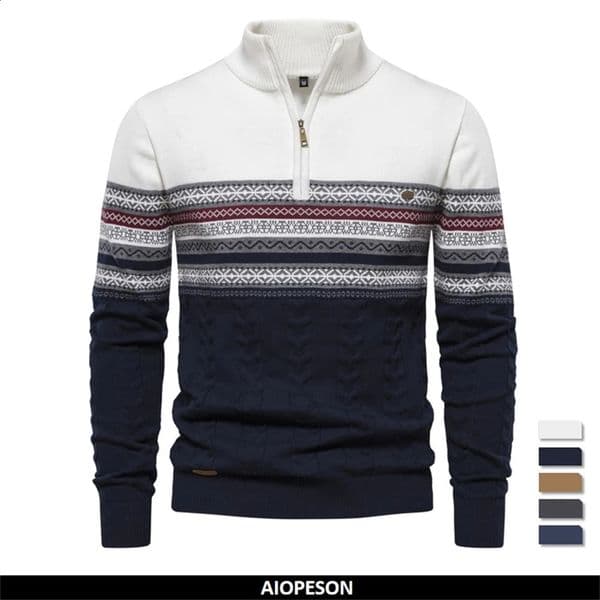 autumn highquality zipper puller mens warm winter cotton sweater ethnic pattern casual 240822