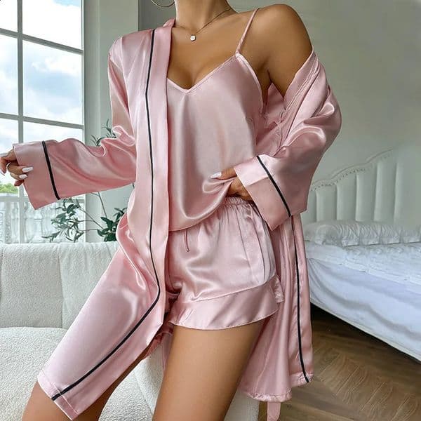 Ice Silk Pajamas for Women Camisole Shorts Three Piece Nightgown Set Comfortable for Summer Suitable for Outdoor Home Wear 240822
