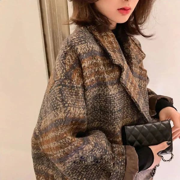 Women Winter Korean Woolen Plaid Jacket Tweed Vintage Loose Female Coat Slim Double Breasted Lapel Spliced Button Overcoat 240822