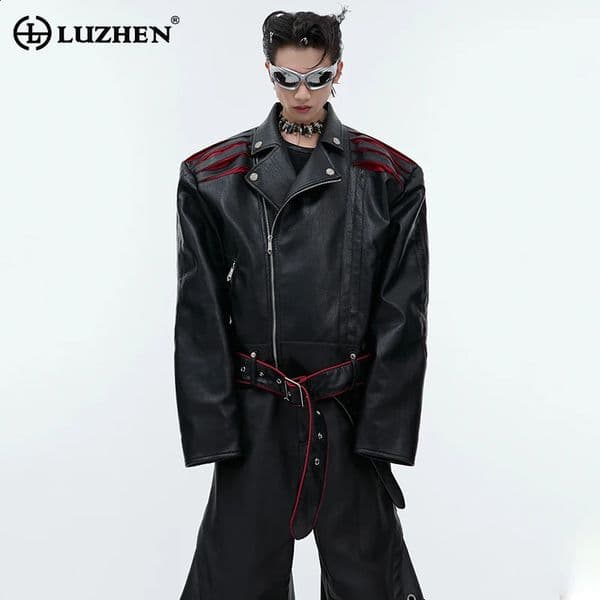 LUZHEN Belt Decorate Pleated n Personalized Trendy Leather Jacket Original Stylish Streetwear High Quality Men Coats LZ39 240823