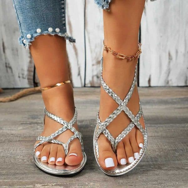 Women Sandals Ladies Square Heels Elegant Summer Slippers Outside Cross Tied Leather Female Slides 2024 Fashion Woman Sandals CL240806
