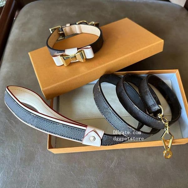 Luxury Dog Collar Dog Gift - Leather Designer Dog Collars and Leash set - Durable Pets Collar with Bow - Stylish and Comfortable Cats Collars Small, Medium, Large Brown B61