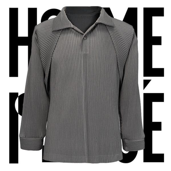 Japanese original pleated mens solid color loose casual lapel long sleeved polo shirt plus size clothing w240824