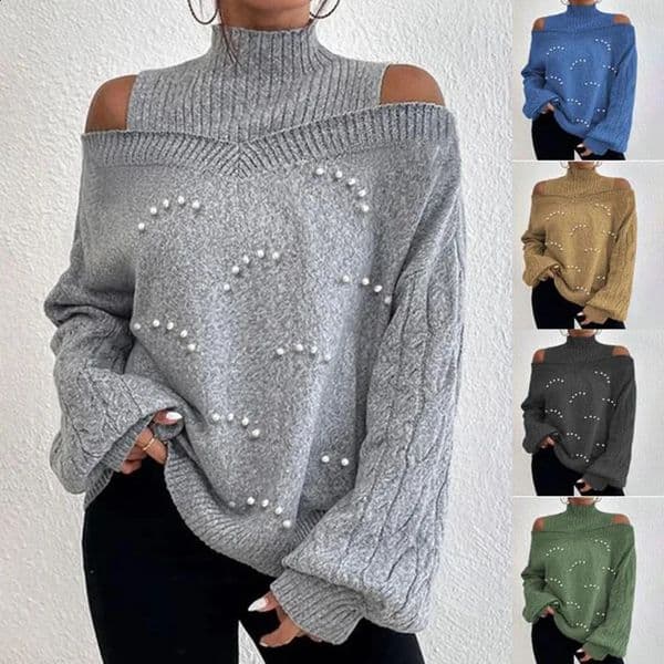 Aoaiiys Sweater Women Pullovers Knitted Pearls Long Sleeve Off Shoulder Jumpers Warm Casual Loose Top Autumn Winter Pullovers 240824