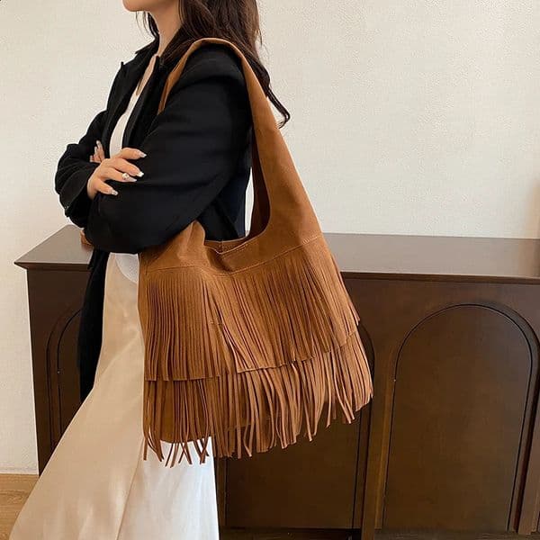 Simple Ladies Brown Handbag Women Fashion Bag Suede Leather Tassel Shoulder Womens Underarm Large Capacity Shopper Tote 240823