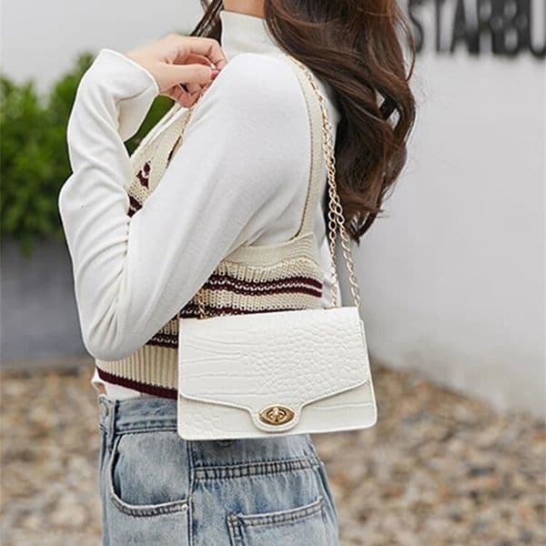 Stone Shape Pattern Square Bag Metal Chain and Lock Large Capacity Shoulder Crossbody for Women y240823