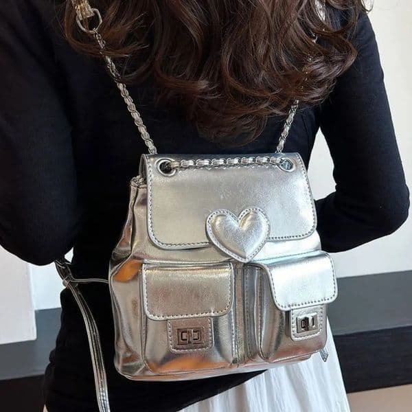 Versatile Silver Backpack Chain Solid Color Bookbag Large Capacity Heart Daypack Large Capacity 240824