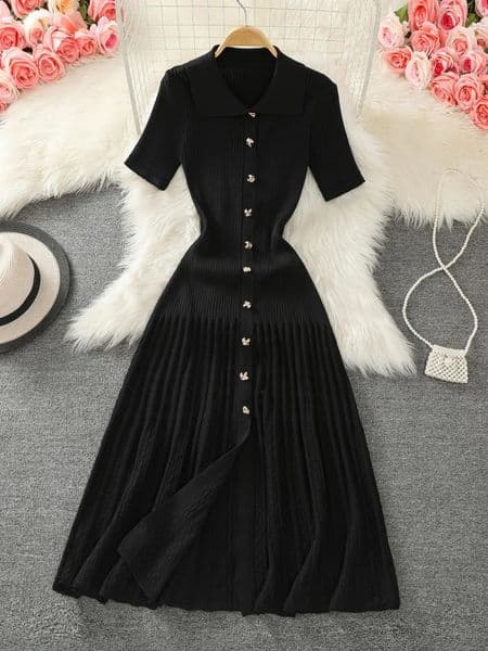 Summer Womens Black Rice Single Chest Knitted Long Skirt Green Elegant Office Short Sleeve Folded Dress Fashion 260415