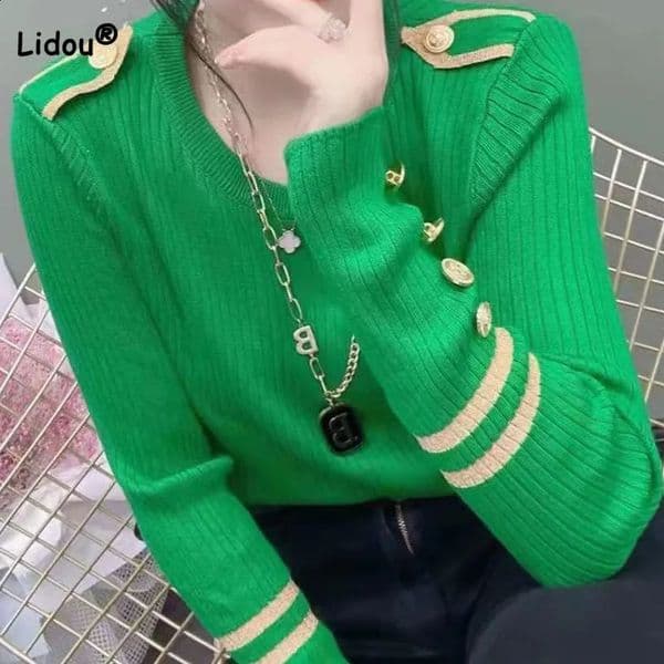 Autumn Winter Korean Commute Solid Color Knitted Tops for Female Fashion All-match Button Spliced Sweaters Womens Clothing 240824