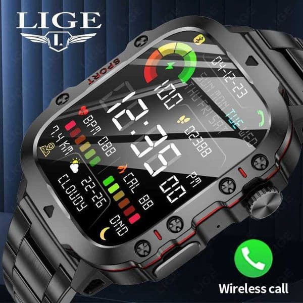 LIGE New Men Smartwatch SOS Bluetooth Call 1.96 HD Screen Wristwatch Waterproof Heart Rate Monitor Sports Smart Watch For Man M240824